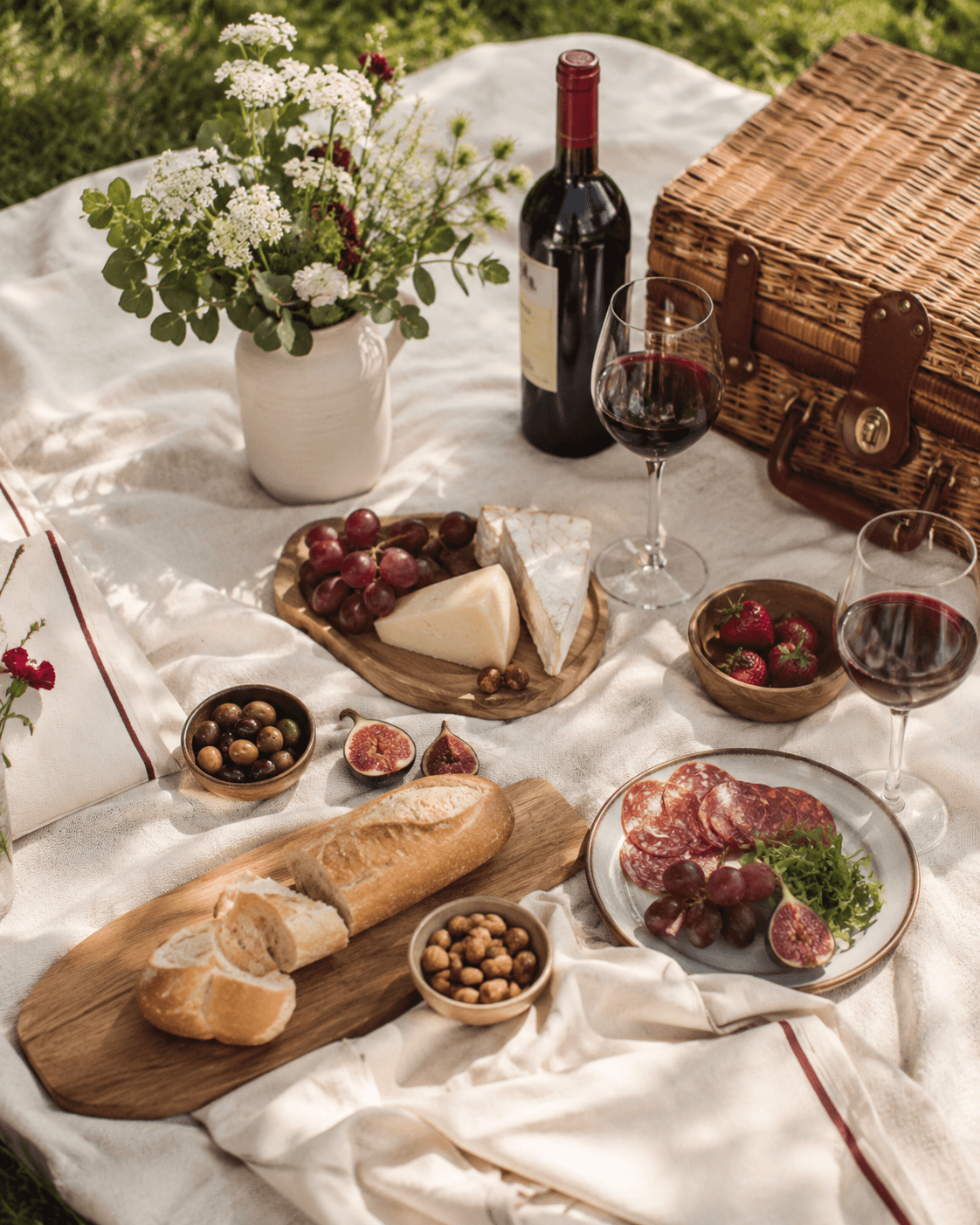 Klassisches Picknick mit Brot, Käse und frischem Obst auf einer Decke