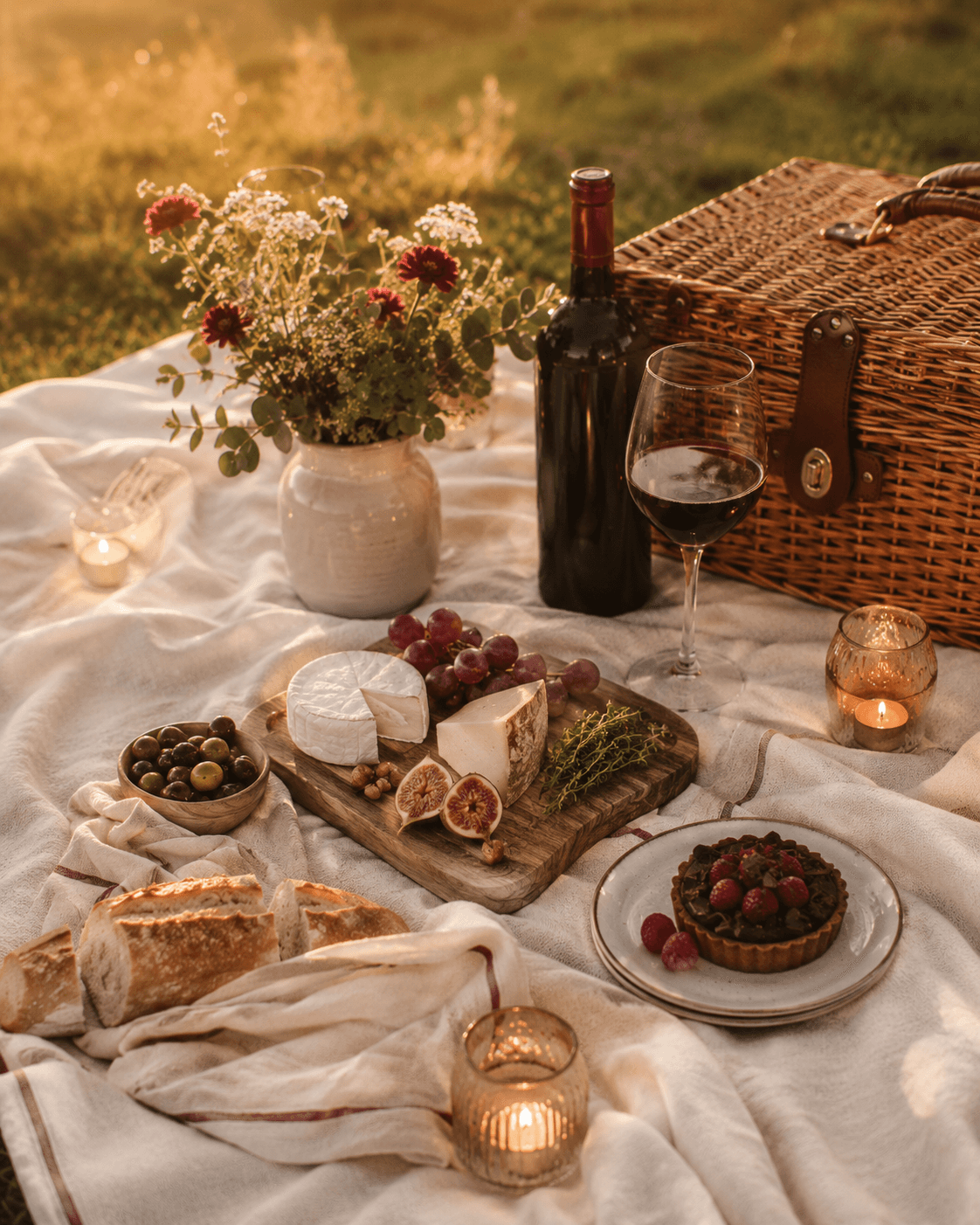 Romantisches Picknick mit Wein und Kerzen im Abendlicht