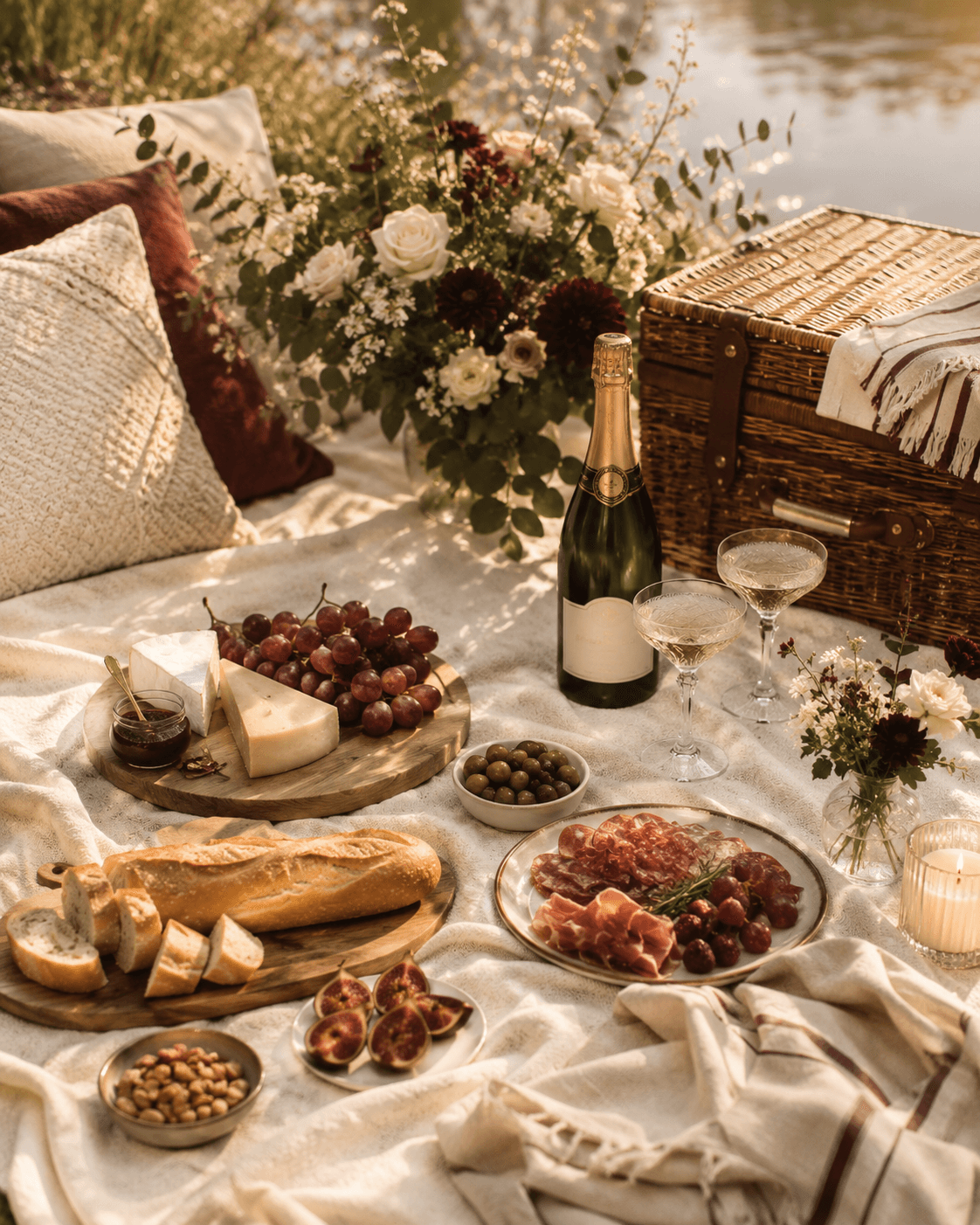 Premium Picknick mit Blumen, Wein und ausgewählten Delikatessen