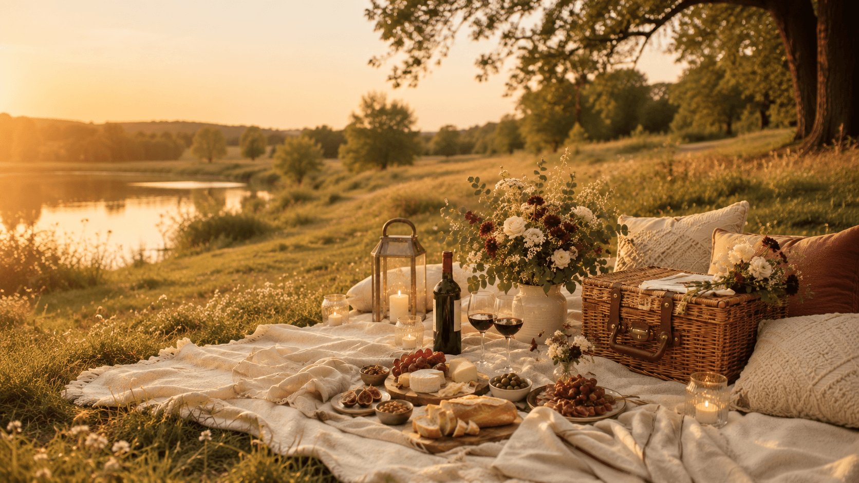 Eleganter Picknickkorb mit Wein, Brot, Trauben und Blumen auf einer Decke im warmen Abendlicht