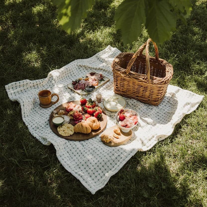 Entspanntes Picknick mit Kissen, Decke und frisch angerichtetem Essen im Freien